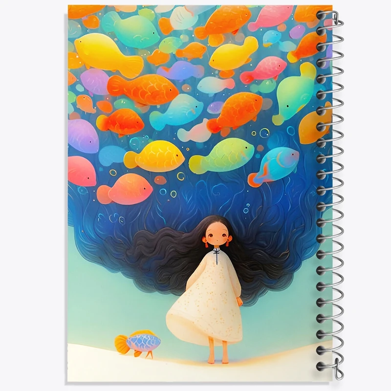 دفتر ژورنال نویسی 50 برگ خندالو مدل نقطه ای طرح دختر و ماهی های رنگی کد N6978