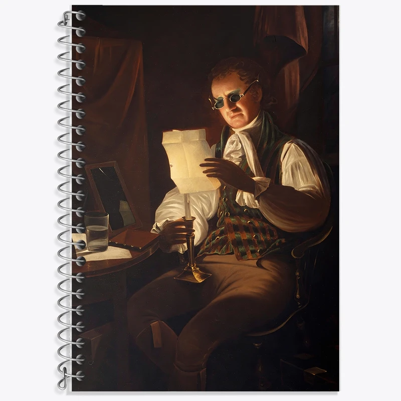 دفتر زبان 50 برگ خندالو مدل سه خط طرح نقاشی مردی که در نور شمع می خواند اثر رامبراند پیل کد F12276