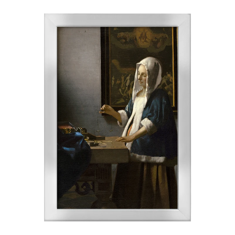 تابلو خندالو طرح نقاشی زن با ترازویی در دست اثر یوهانس فرمیر کد F12429