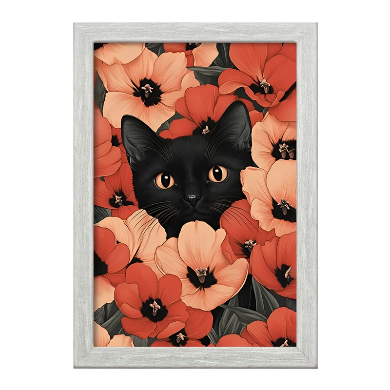 تابلو خندالو طرح گربه در میان گل ها کد F11794