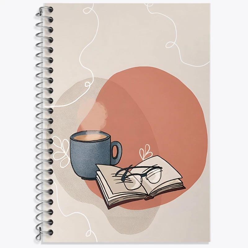 دفتر زبان 50 برگ خندالو مدل دو خط طرح کتاب و فنجان قهوه کد F10012