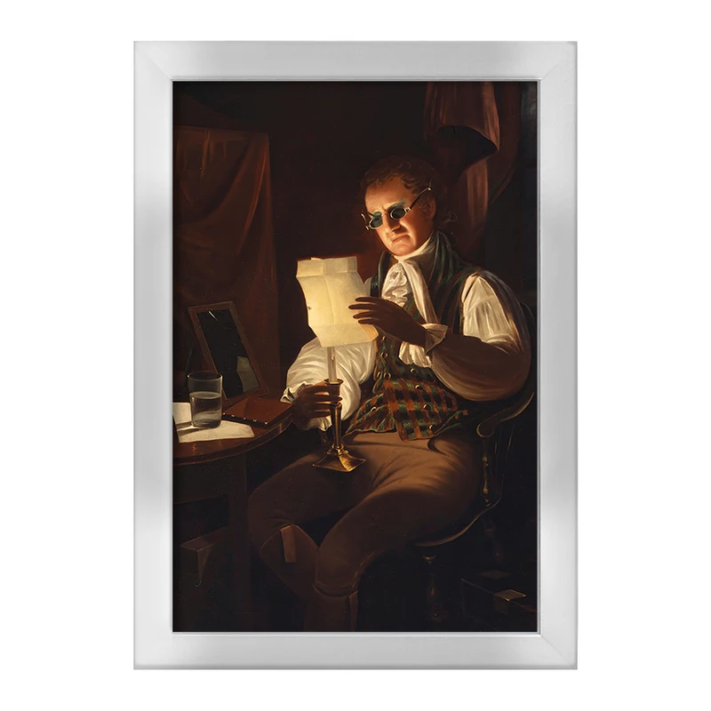 تابلو خندالو طرح نقاشی مردی که در نور شمع می خواند اثر رامبراند پیل کد F12276