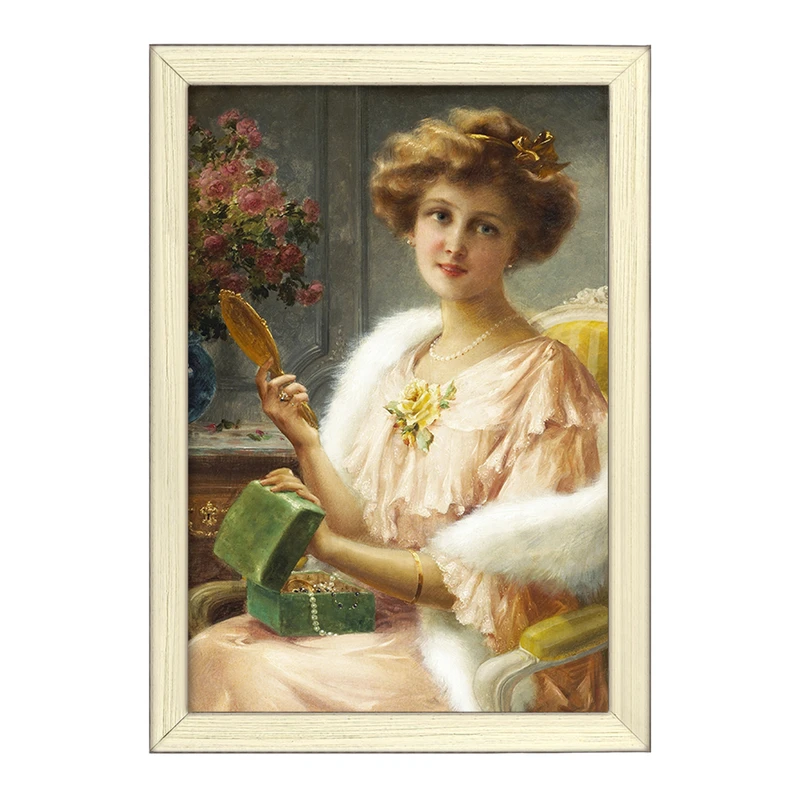 تابلو خندالو طرح نقاشی بانویی جوان با یک آینه اثر امیلی ورنون کد F12215