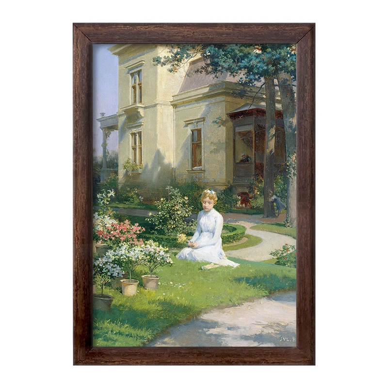 تابلو خندالو طرح نقاشی دختری در باغ ویلایی اثر جولیوس ویکتور برگر کد F12155
