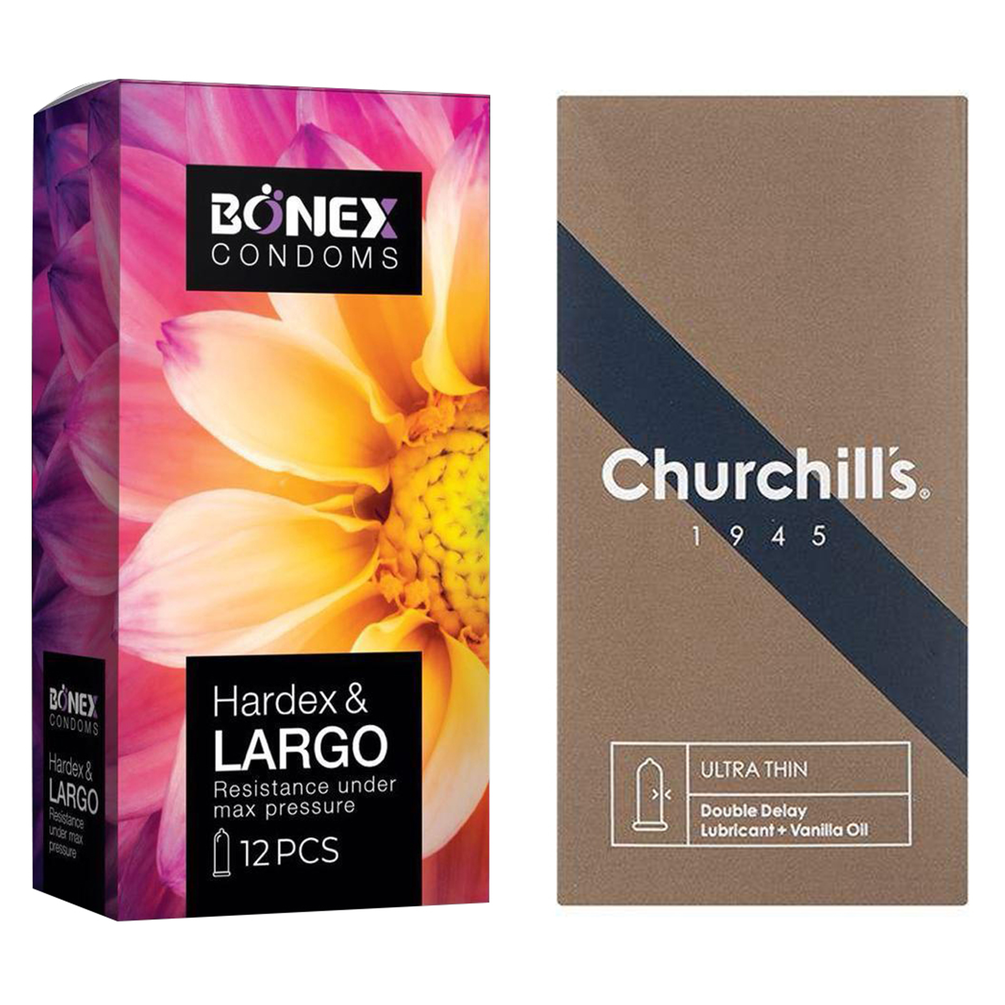 کاندوم چرچیلز مدل Ultra Thin Double Delay بسته 12 عددی به همراه کاندوم بونکس مدل Hardex & Largo بسته 12 عددی 