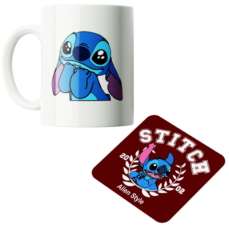 ماگ پاد آفرین مدل کارتونی استیچ و لیلو کد PZ406 به همراه زیرلیوانی