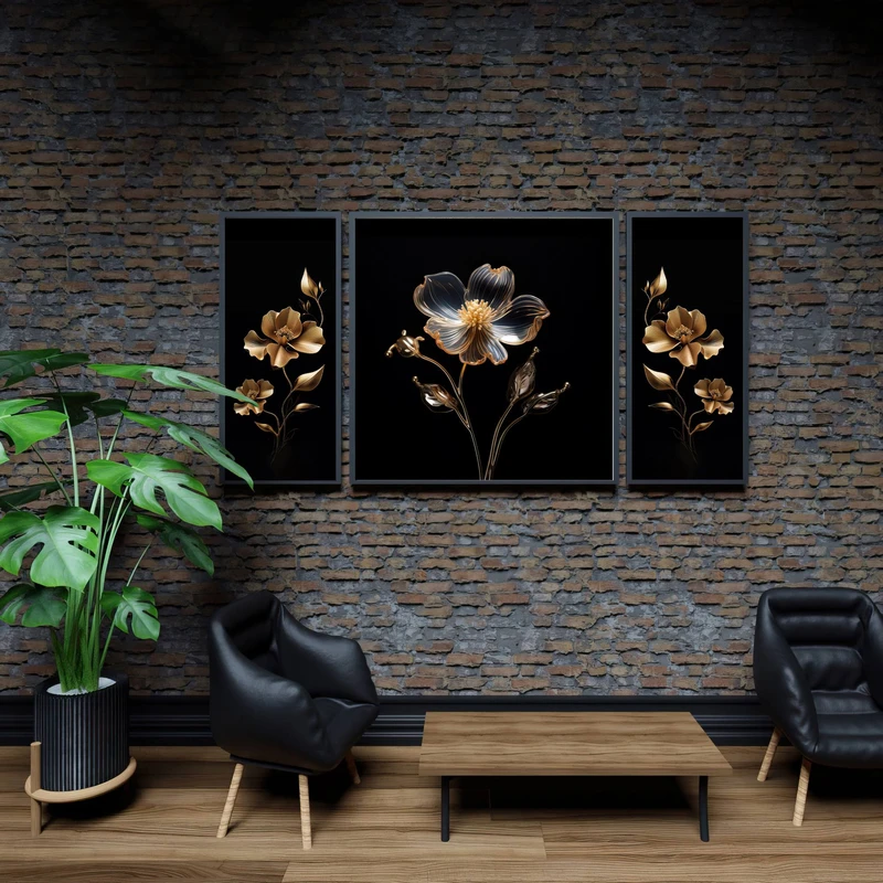 تابلو بکلیت طرح مدرن گل طلایی مدل B-1884 مجموعه 3 عددی