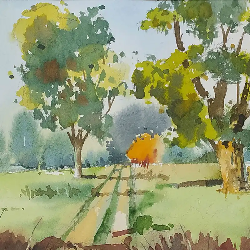 نقاشی آبرنگ طرح جاده روستایی کد 18