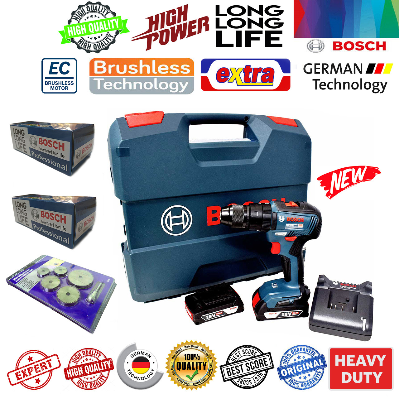 پیچ گوشتی شارژی چکشی شارژِی بوش مدل GSB18 V-50 2Ah Brushless مجموعه 8 عددی