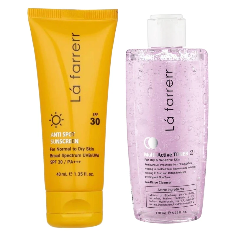کرم ضد آفتاب بدون رنگ لافارر SPF 30 مدل پوست خشک و حساس ‌مناسب پوست‌های حجم 40 میلی‌لیتر به همراه تونر مدل مولتی اکتیو مناسب پوست خشک حجم 170 میلی لیتر