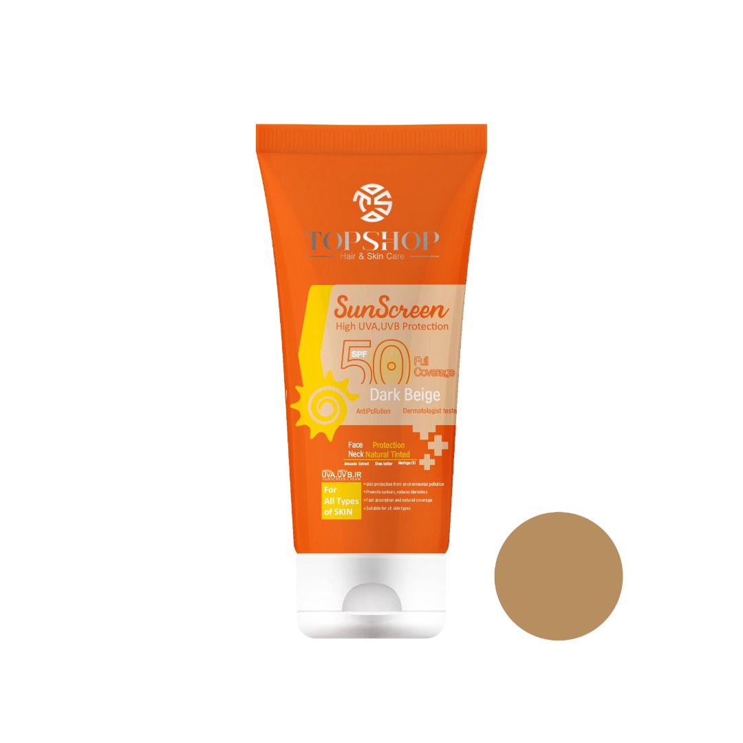 کرم ضد آفتاب رنگی تاپ شاپ مدل Dark Beige SPF 50 مناسب انواع پوست حجم 50 میلی لیتر