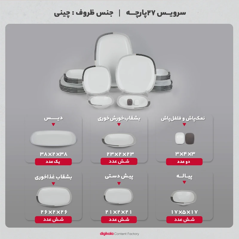 سرویس غذاخوری 27 پارچه چینی زرین ایران سری کواترو مدل وگاس اوریت درجه یک عکس شماره 22