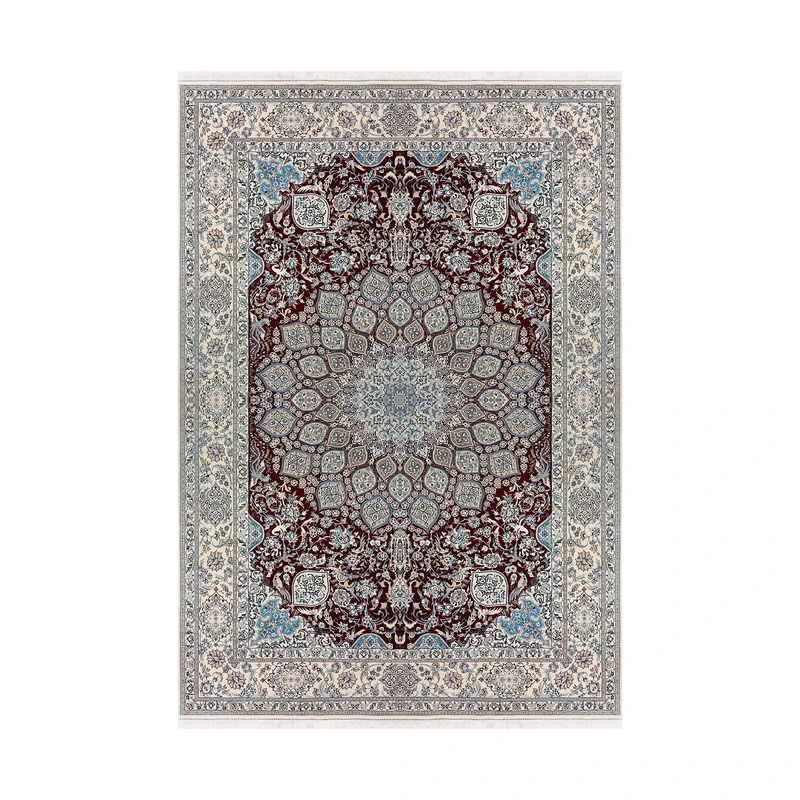 فرش دستبافت ۹ متری مدل ترنج گنبد حبیبیان نایین ۶لا کد 1056 زمینه لاکی