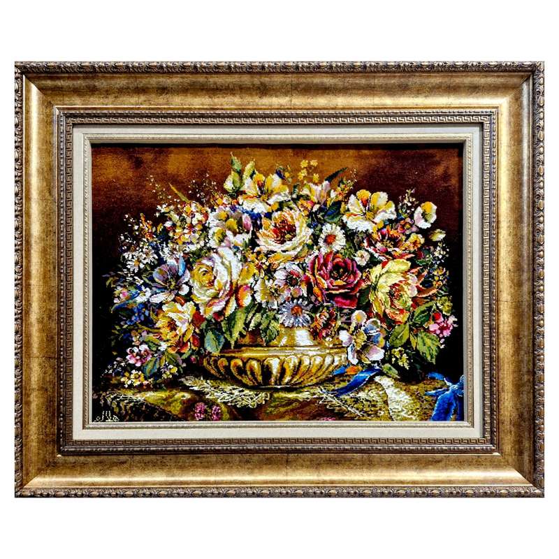 تابلو فرش دستباف طرح گلدان طلایی ابریشمی کد DK009