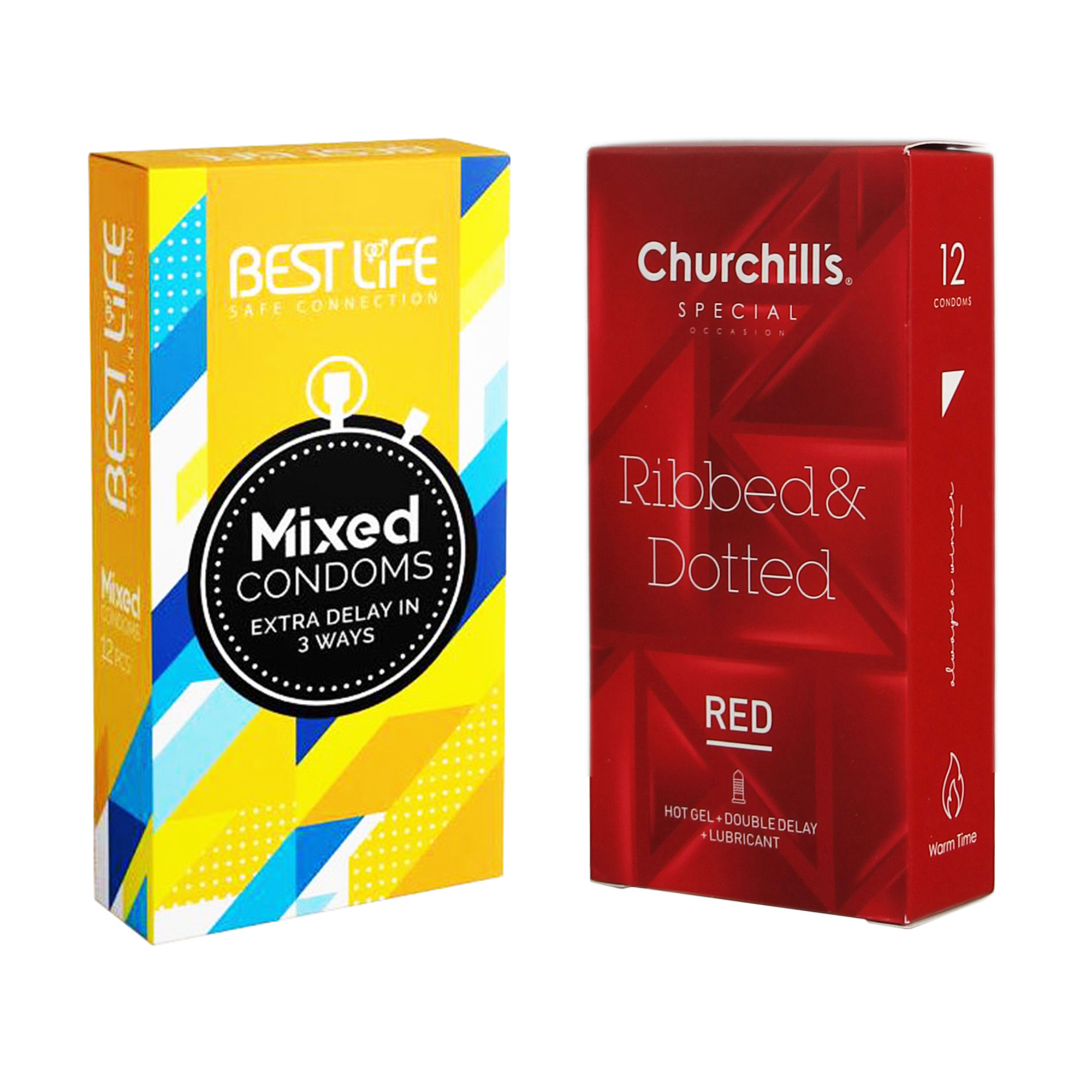 کاندوم چرچیلز مدل Ribbed & Dotted Red بسته 12 عددی به همراه کاندوم بست لایف مدل Mixed بسته 12 عددی