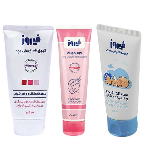 کرم محافظ پای کودک فیروز مدل B1 وزن 65 گرم و کرم محافظت کننده و مرطوب کننده کودک فیروز مدل A1  حجم 100 میلی لیتر و کرم زینک اکساید بچه فیروز مدل C1 وزن 50 گرم مجموعه 3 عددی