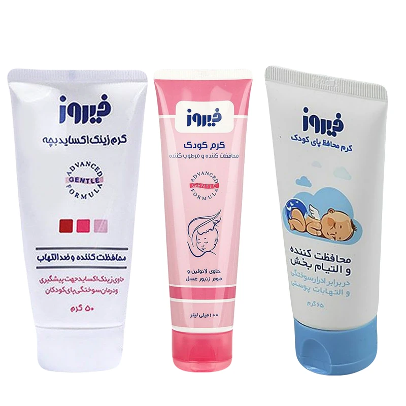 کرم محافظ پای کودک فیروز مدل B1 وزن 65 گرم و کرم محافظت کننده و مرطوب کننده کودک فیروز مدل A1  حجم 100 میلی لیتر و کرم زینک اکساید بچه فیروز مدل C1 وزن 50 گرم مجموعه 3 عددی
