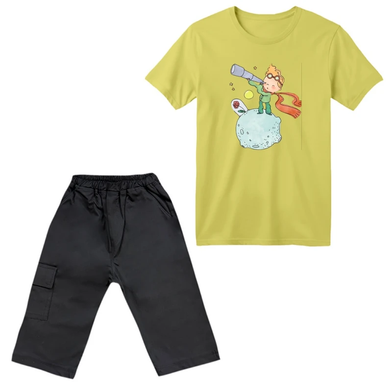 ست تی‌شرت آستین کوتاه و شلوارک پسرانه مدل شازده کوچولو رنگ لیمویی