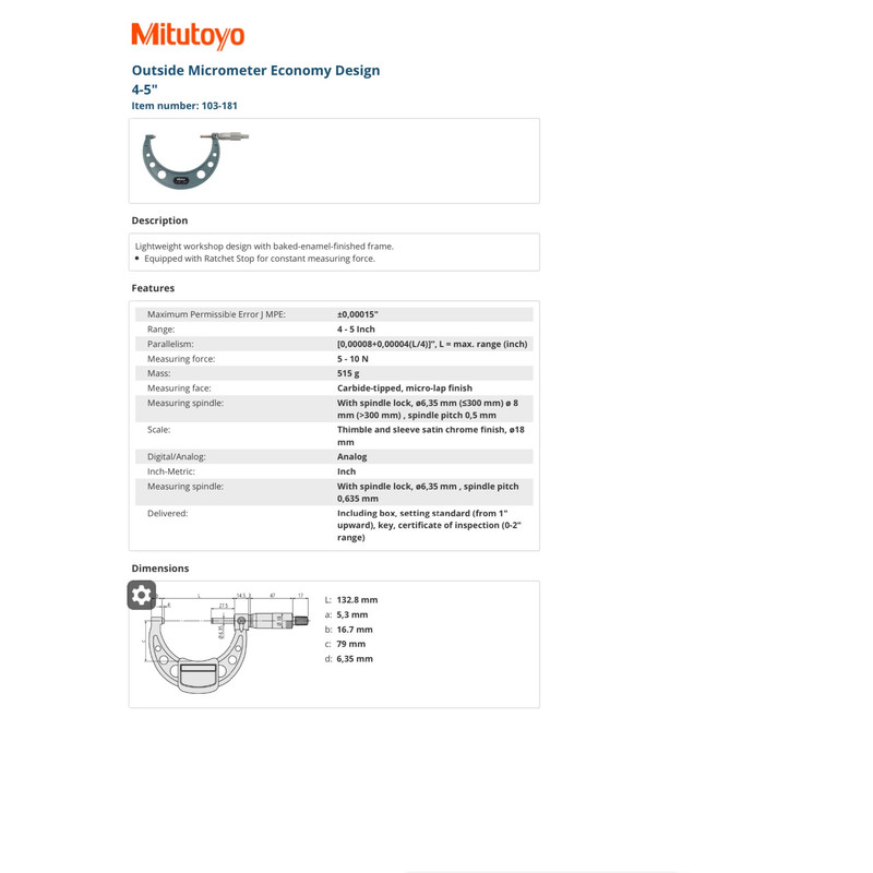 ميكرومتر خارج سنج ميتوتويو كد 181-103 گستره 5-4 اينچ ميكرومتر خارج سنج ميتوتويو كد 181-103 گستره 5-4 اينچ