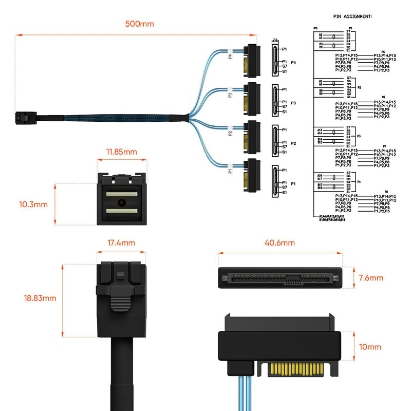 کابل تبدیل Mini SAS HD SFF-8643 به چهار 29pin SFF-8482 با تغذیه ساتا اسمارطور مدل SM155