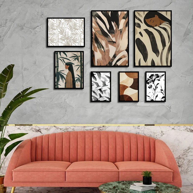 تابلو بکلیت طرح نقاشی چهره و پرنده  و گل مدل B-3410 فریم مشکی مجموعه 7 عددی