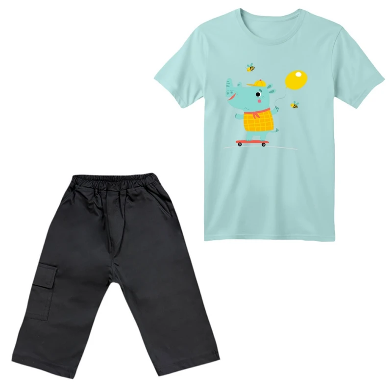 ست تی‌شرت آستین کوتاه و شلوارک دخترانه مدل کرگدن