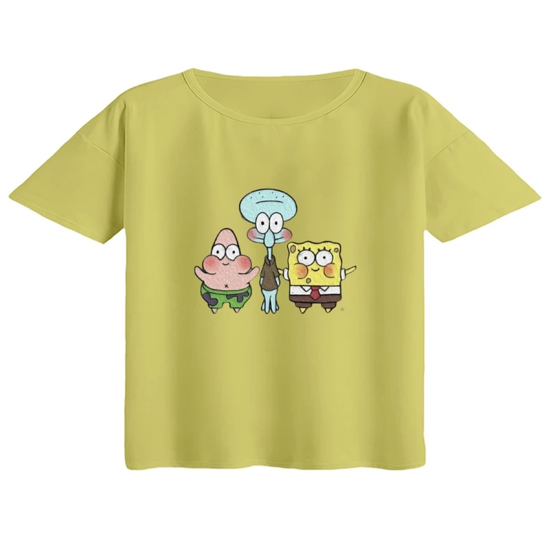 کراپ تی‌شرت آستین کوتاه زنانه مدل باب اسفنجی و دوستان