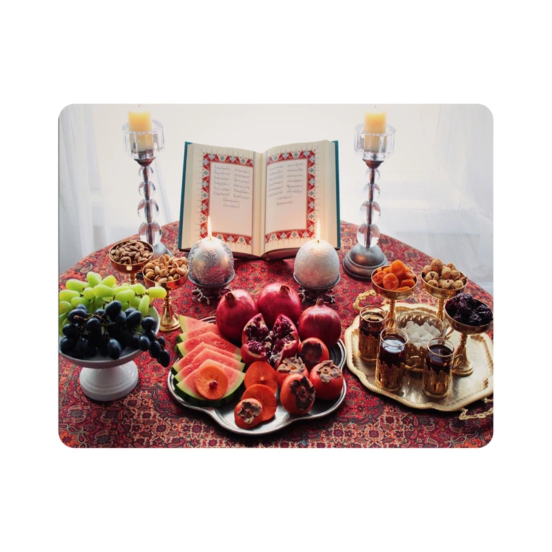 ماوس پد اطلس آبی طرح  شب یلدا و شمع و انار و دیوان حافظ و هندوانه و انگور و آجیل  مدل T7311