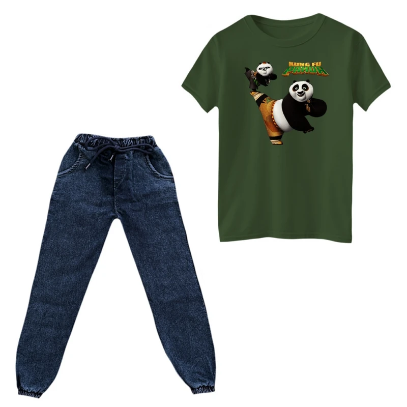 ست تی‌شرت و شلوار پسرانه مدل پاندا کنگفوکار کد ۱ رنگ یشمی