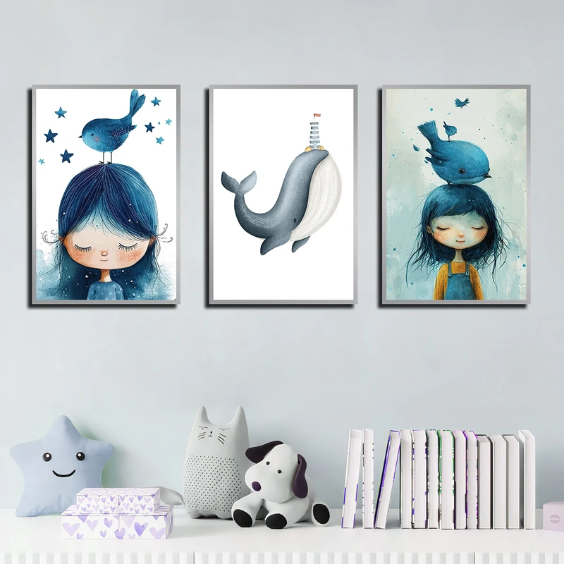 تابلو بکلیت طرح نقاشی نهنگ و کودکانه مدل SI-3832 فریم نقره ای مجموعه 3 عددی