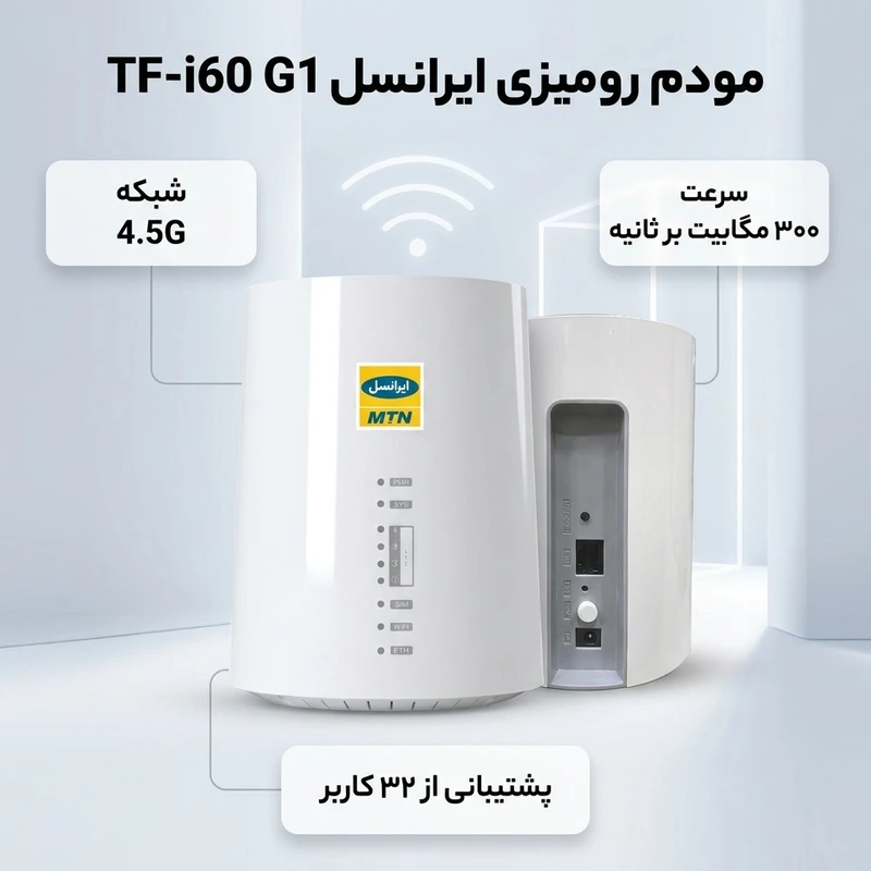 عکس شماره 3 : مودم رومیزی 4.5g ایرانسل مدل tf-i60 g1 با پشتیبانی هم زمان تا 32 کاربر، آنتن داخلی mimo4x4، سرعت 300 مگابیت بر ثانیه، اتصال بی سیم و باسیم، همراه با دو سیم کارت و بسته اینترنت 12 ماهه