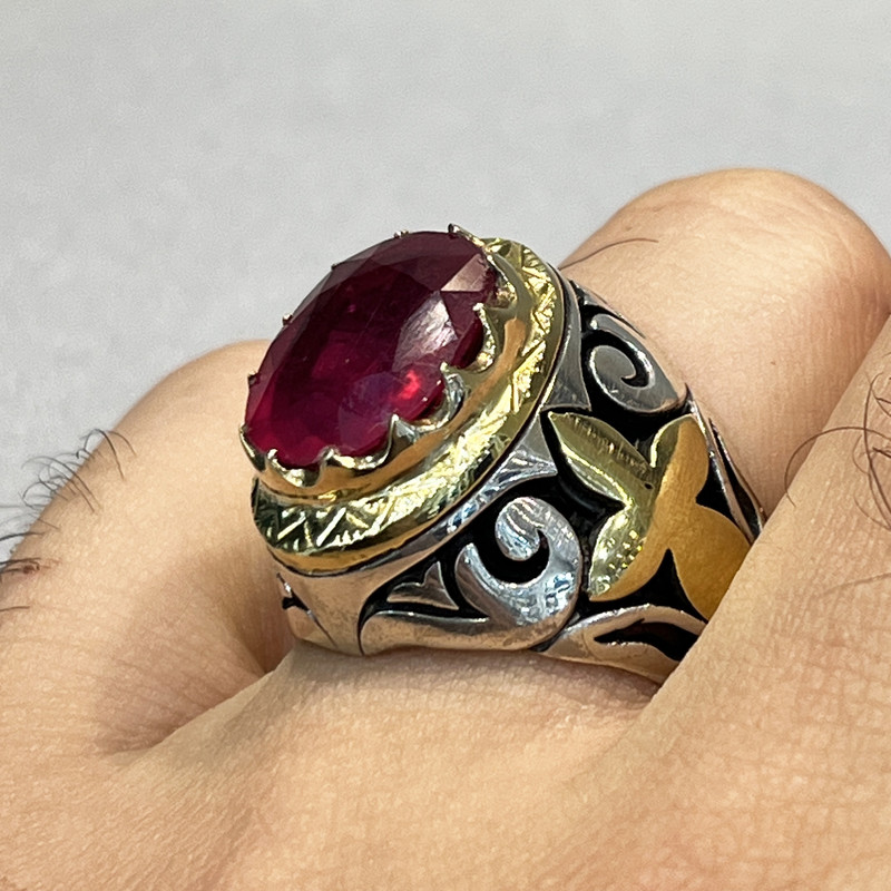 انگشتر نقره مردانه مدل برنجی یاقوت سرخ طبیعی