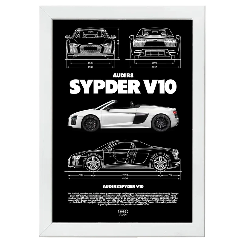 تابلو بکلیت طرح ماشین و خودرو آئودی AUDI R8 SPYDER V10 مدل W-po1563 فریم سفید