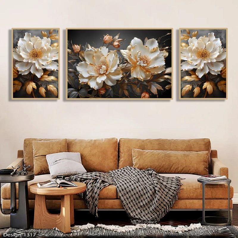  تابلو مدل منظره طرح گل کد351 فریم بژ مجموعه سه عددی