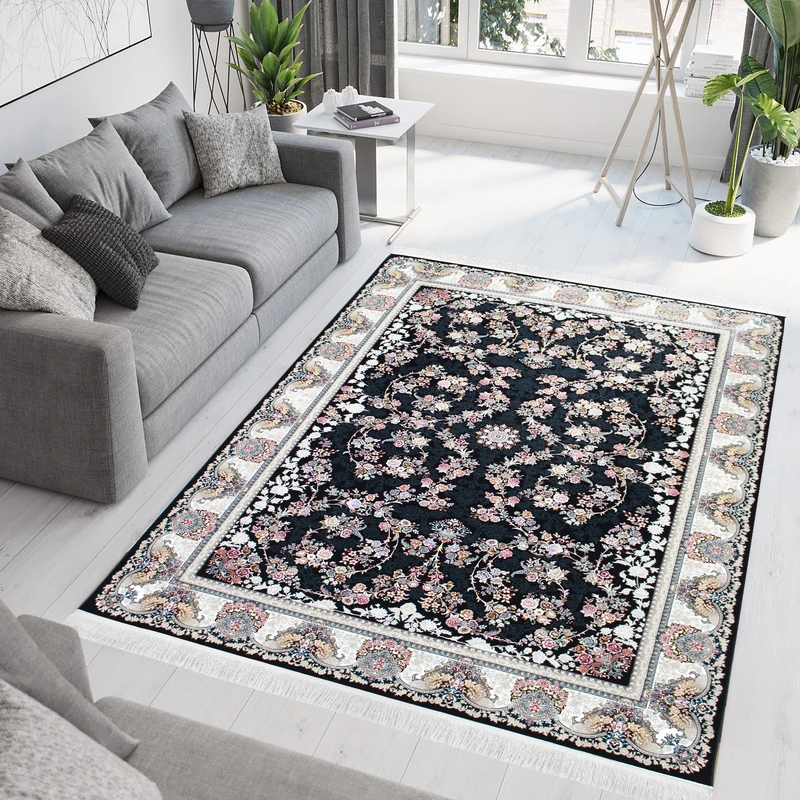 فرش ماشینی 700 شانه زمینه سرمه‌ای حاشیه کرم مدل 35002