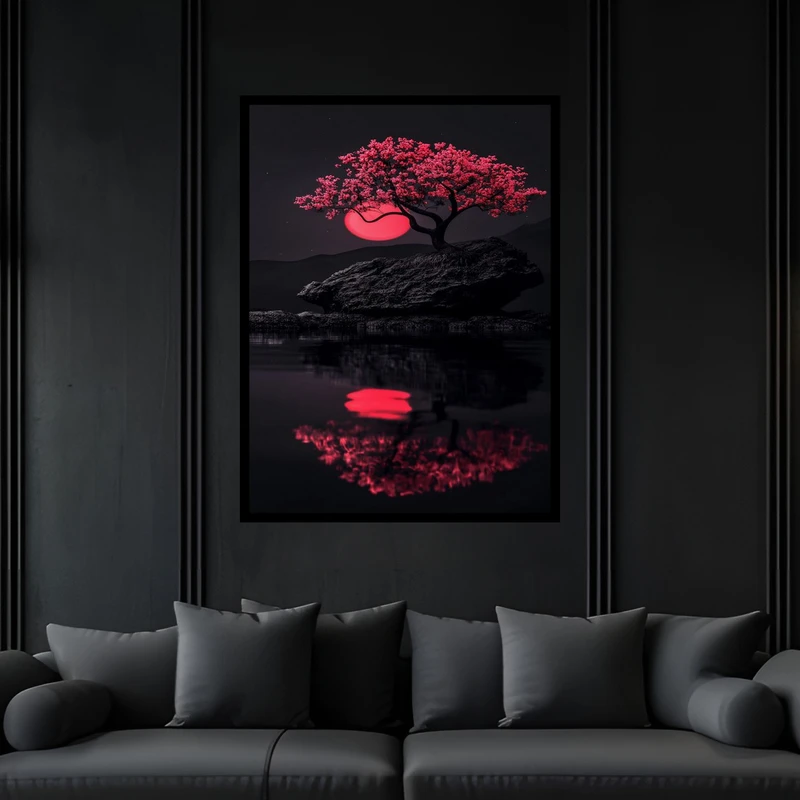 تابلو بکلیت طرح هنری مدرن منظره طبیعت و تک درخت مدل B-bu6025 فریم مشکی