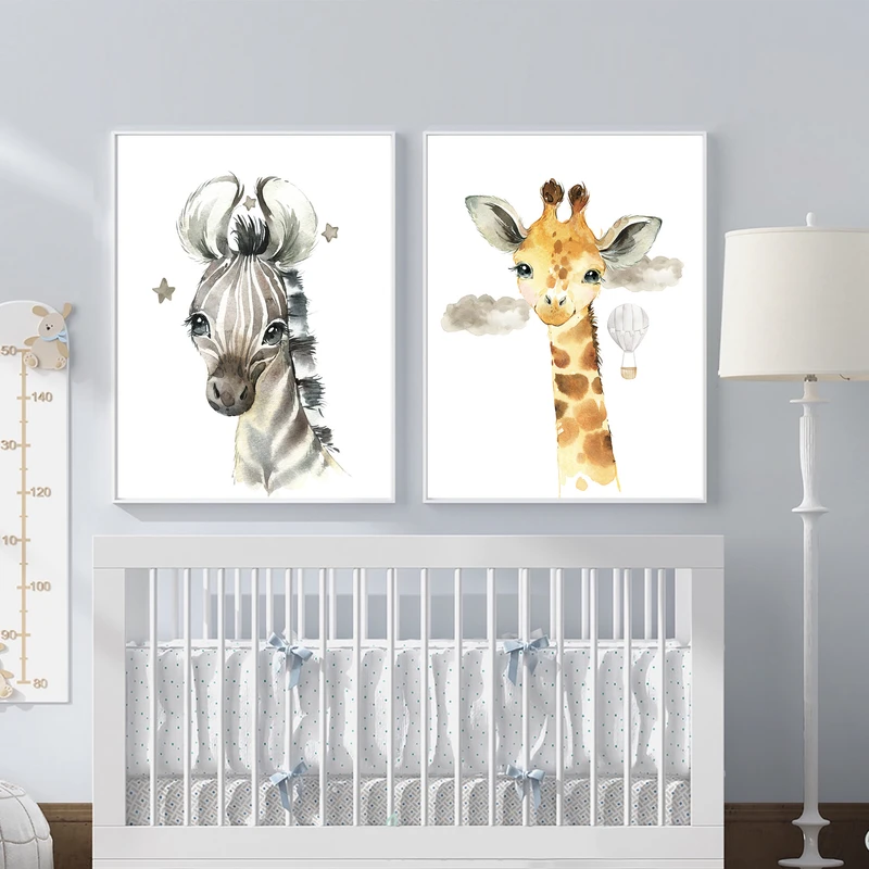 تابلو اتاق کودک و نوزاد الفاپ مدل زرافه و گورخر کد Watercolore Animals 002 مجموعه 2 عددی