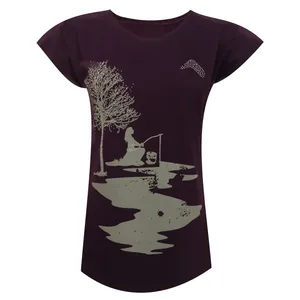 تی شرت آستین کوتاه زنانه مدل نخی ویسکوز چاپی دختر ماهیگیر و ماه کد tm-2157 رنگ بادمجانی 