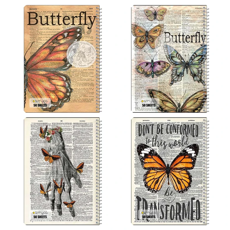 دفتر نقاشي 50 برگ کارنيکا طرح روزنامه وینتج پروانه Vintage Newspaper Butterfly کد 71810 مجموعه 4 عددی