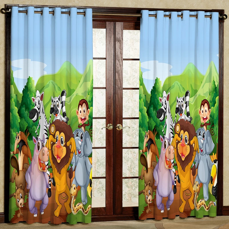 پرده مدل کارتونی جنگل حیوانات مخمل پانچی کد 4045 سایز 200x140 سانتی متر