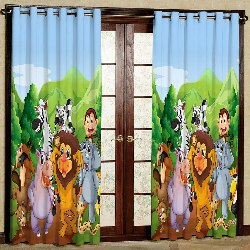 پرده مدل کارتونی جنگل حیوانات مخمل پانچی کد 4045 سایز 200x140 سانتی متر