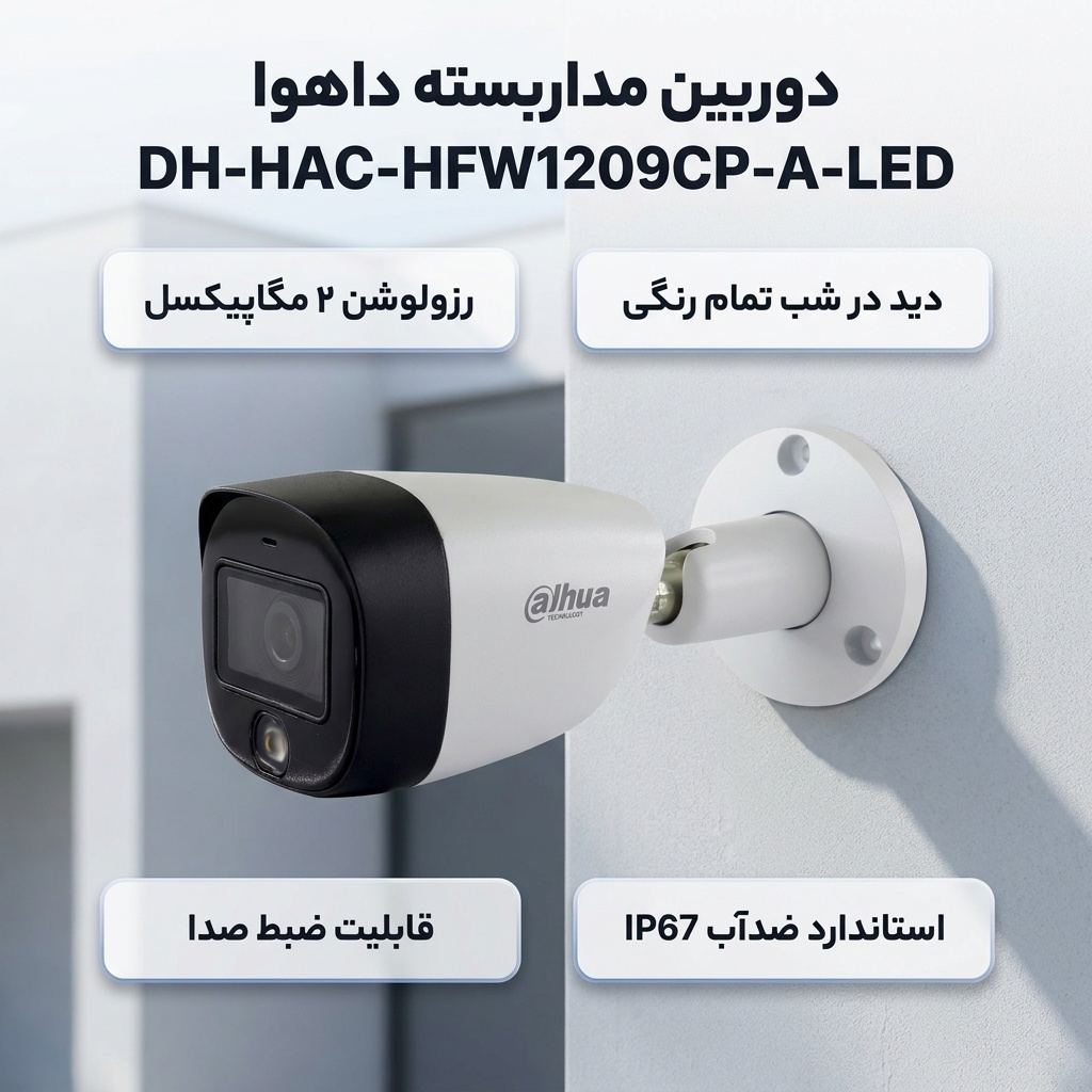 دوربین مداربسته بولت آنالوگ داهوا مدل DH-HAC-HFW1209CP-A-LED با رزولوشن 2 مگاپیکسل، دید در شب تمام رنگی تا 20 متر، فناوری HDcvi، قابلیت ضبط صدا، استاندارد ضدآب IP67 و فناوری BLC، DWDR و AGC