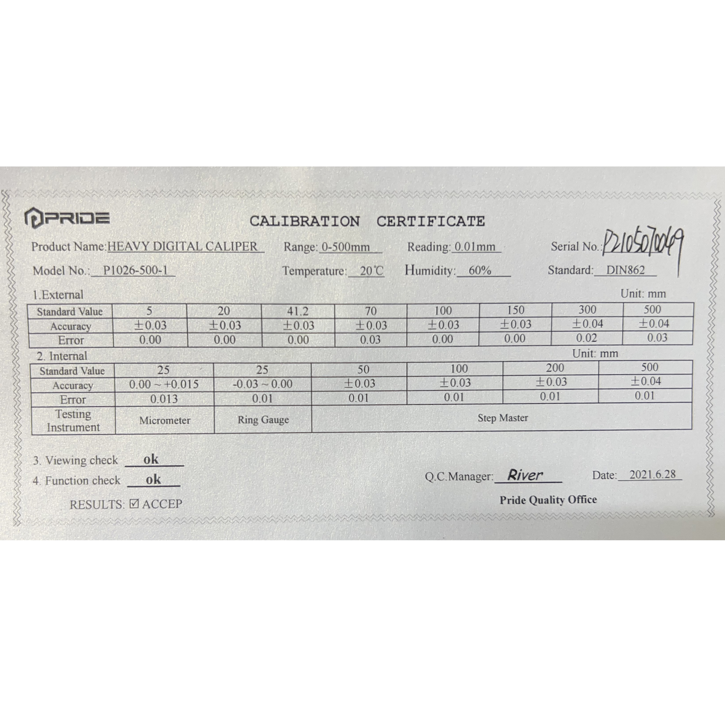 کولیس پراید مدل P1026-500 گستره 0-500 میلیمتر