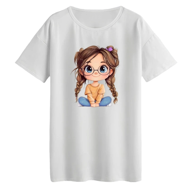 تی‌شرت لانگ آستین کوتاه زنانه مدل دخترک عینکی