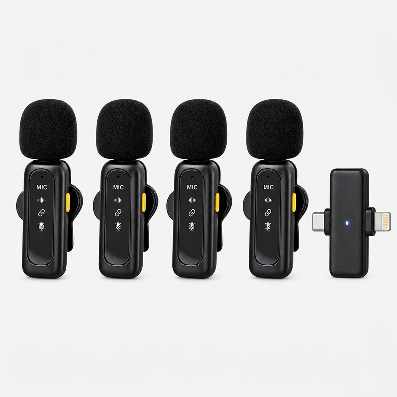 میکروفون حرفه‌ای بی‌سیم مدل T90 4MIC با درگاه تایپ سی و لایتنینگ و 4 میکروفون