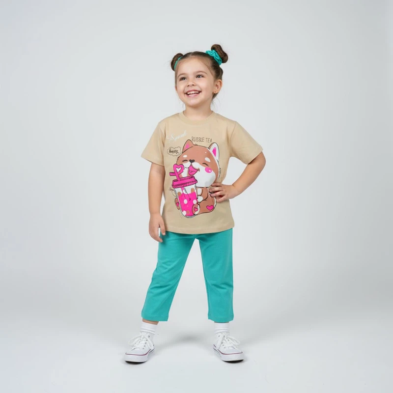 ست تی شرت آستین کوتاه و شلوارک راحتی دخترانه چیندکا مدل گربه کد 101