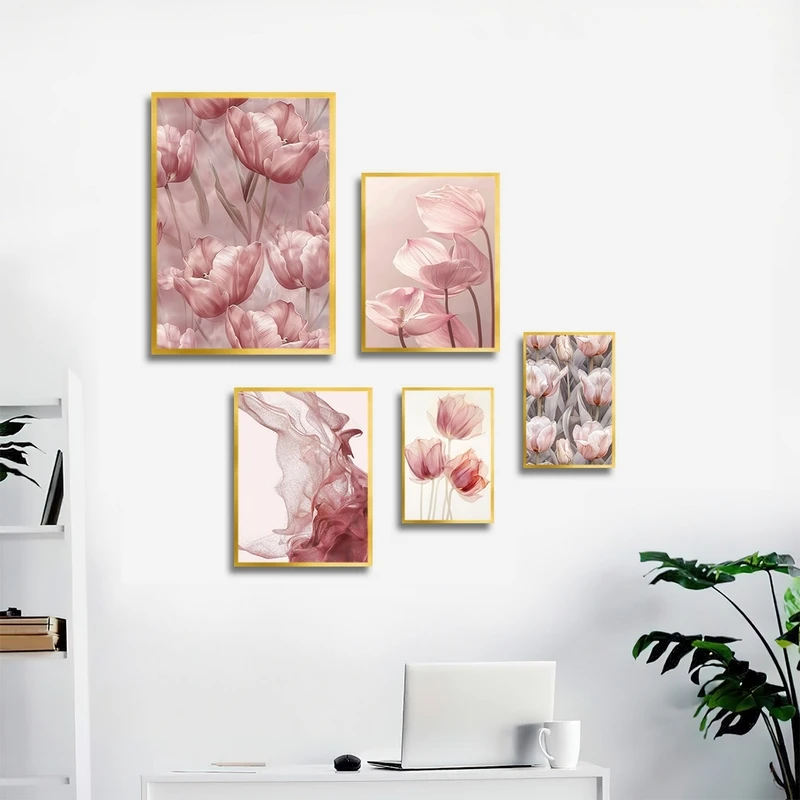 تابلو بکلیت طرح گل صورتی مدل شاین اکلیلی T-2801 مجموعه 5 عددی