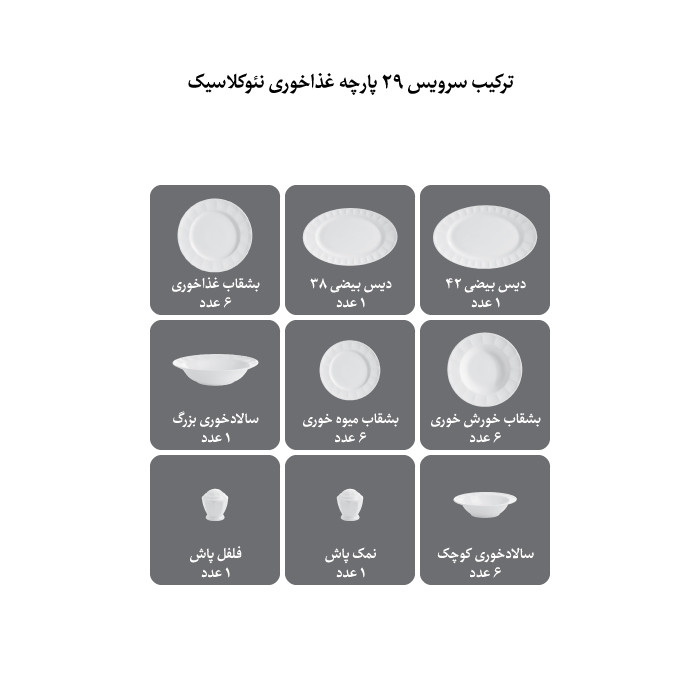 سرویس غذاخوری 29 پارچه چینی زرین ایران مدل نئوکلاسیک کاررا گلد درجه عالی