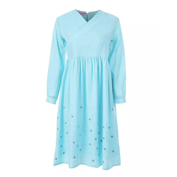 پیراهن آستین بلند دخترانه هیژا مد مدل یقه چپ و راستی کد 127 رنگ فیروزه ای