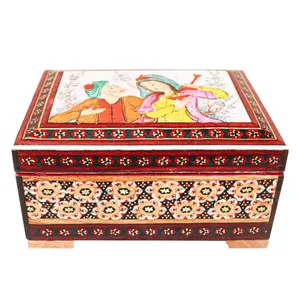 جعبه جواهرات خاتم کاری چوبی صنایع دستی فاخر طرح زال و رودابه کد 1185